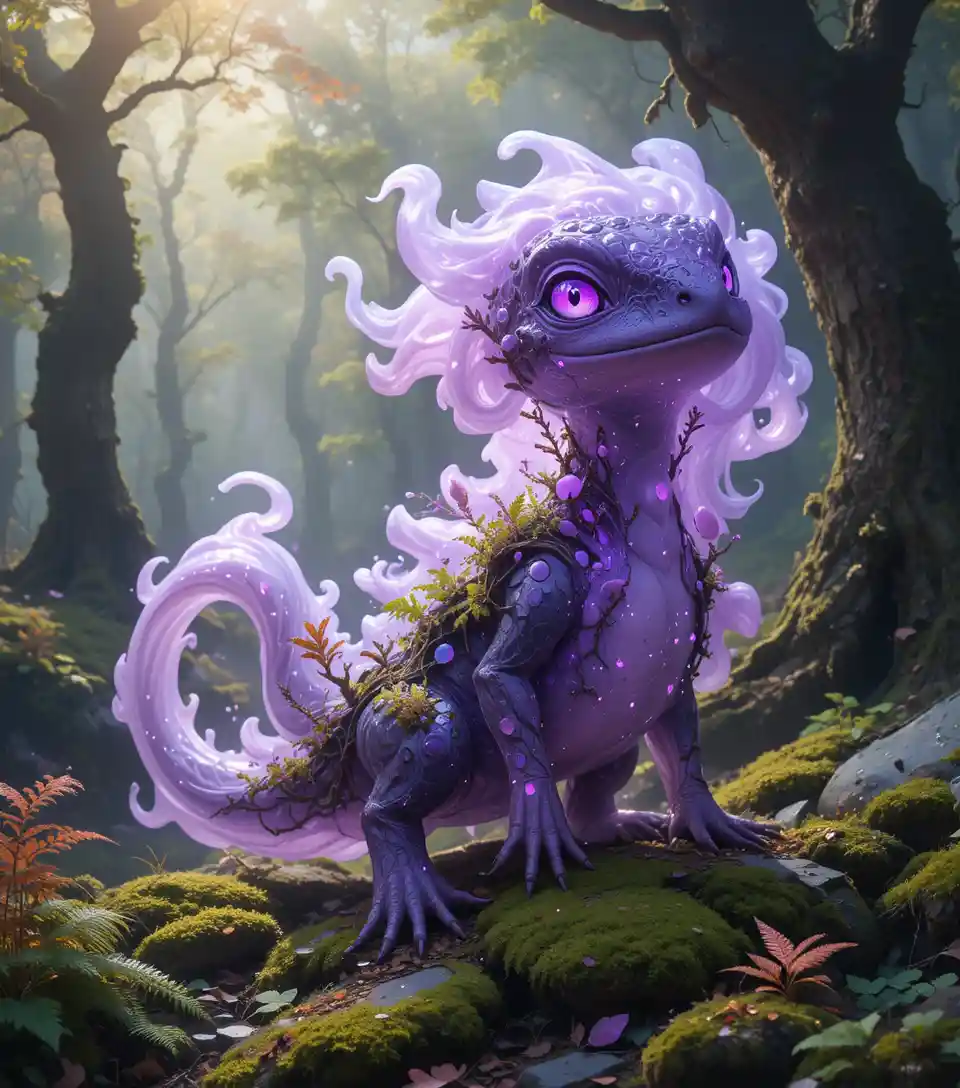 Mystic grass ghost creature drifting in an ancient forest