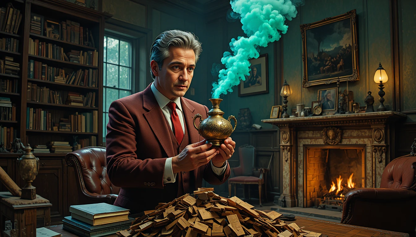 Middle aged clerk discovering an antique oil lamp