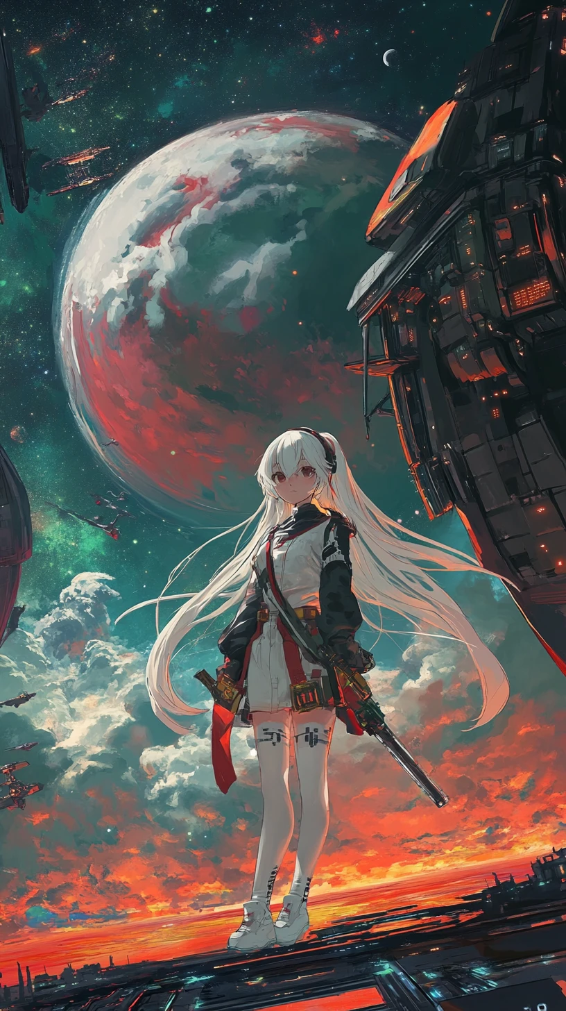 Anime girl floating in space near a futuristic station