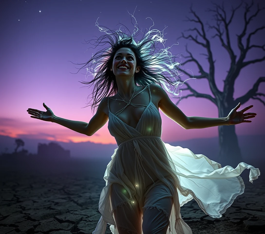 Transcending woman glowing in a barren twilight field