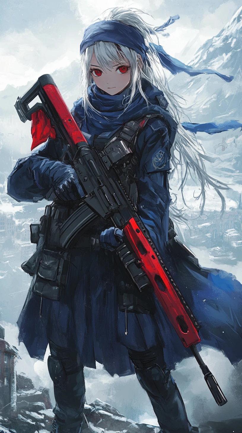 Anime girl with rifle in long black coat and boots