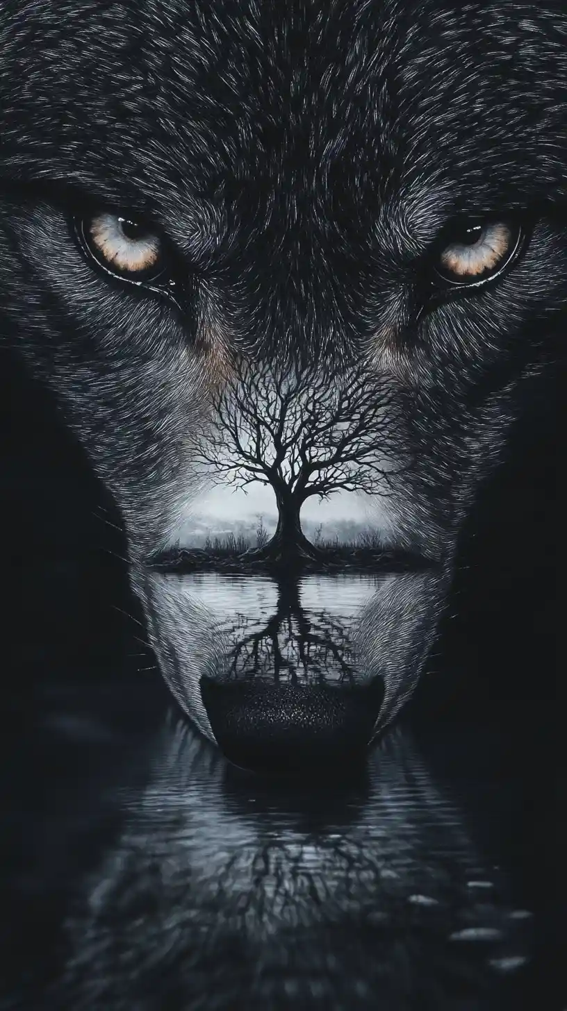 Surreal close up wolf face merging with reflective landscape