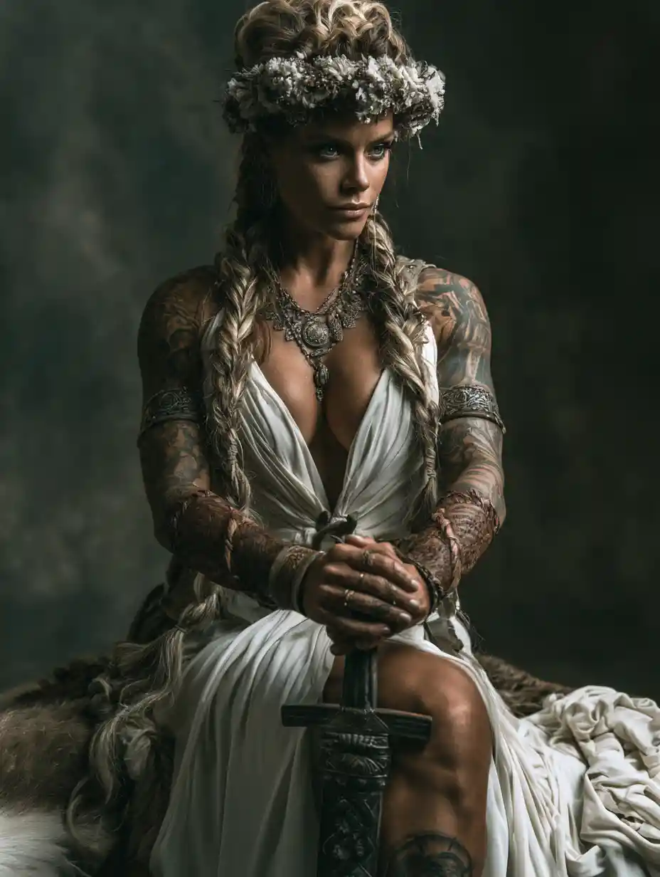 Norse viking bride standing strong in her white gown