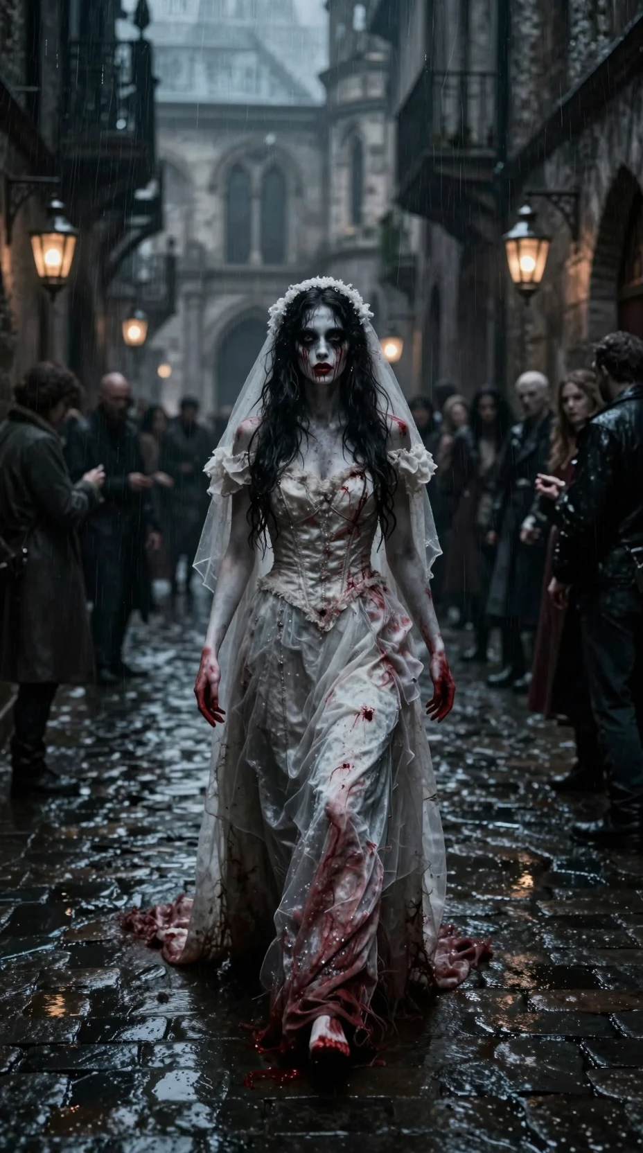 Ghostly bride walking through a flooded city alley