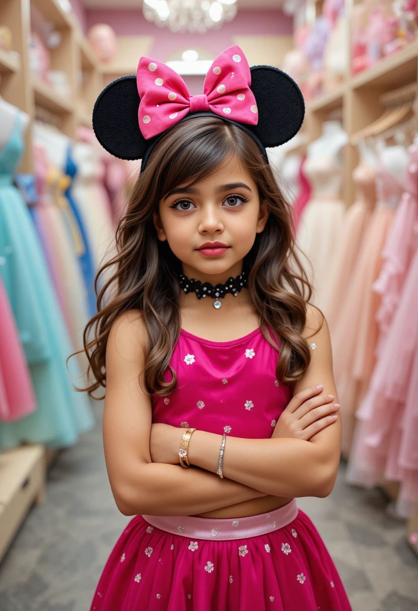 Embarrassed young boy in pink Minnie dress posing indoors