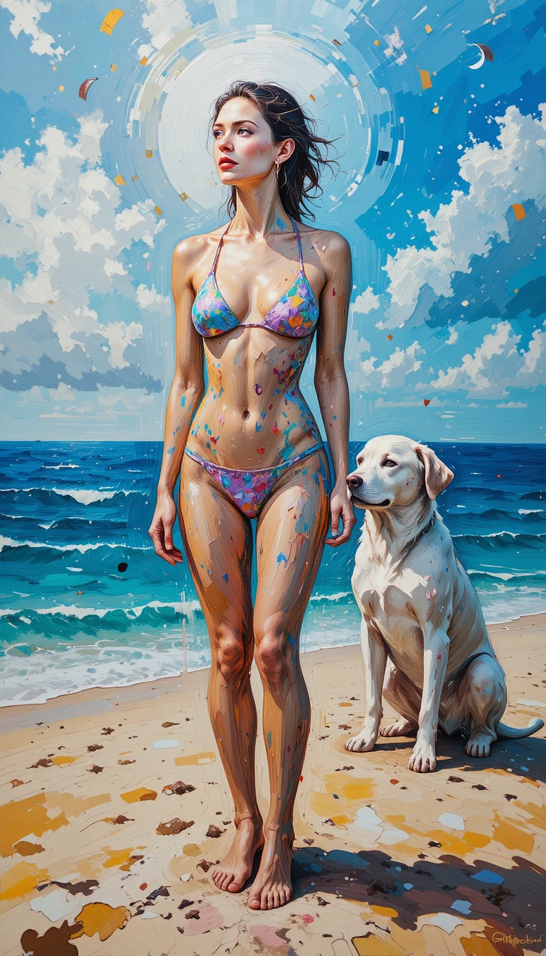 Spiritual woman on sunset beach with golden dog