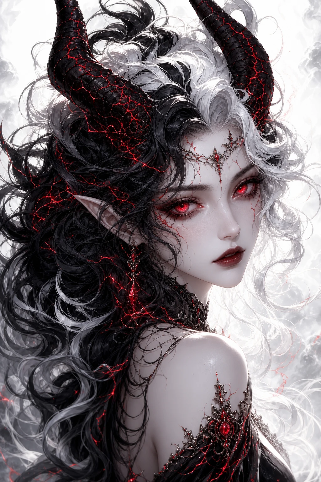 Demonic horned woman portrait with glowing red eyes