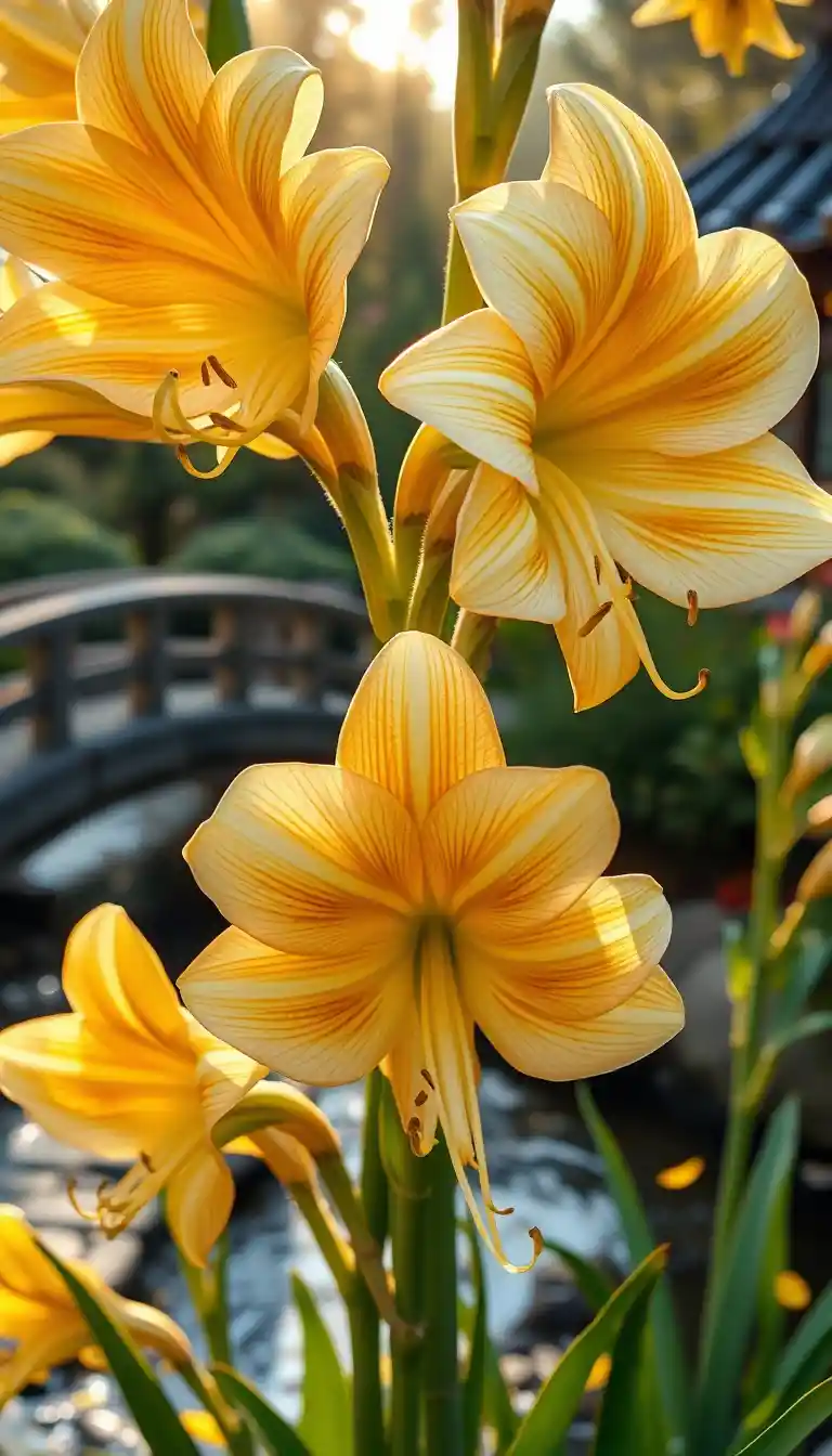 Macro amaryllis flowers in a tranquil Japanese garden