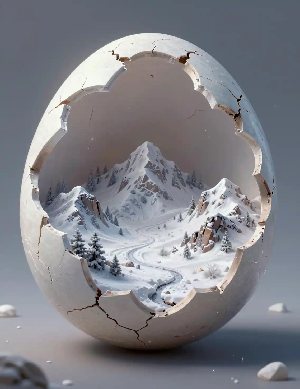 Fragmented eggshell forming a tiny surreal inner landscape
