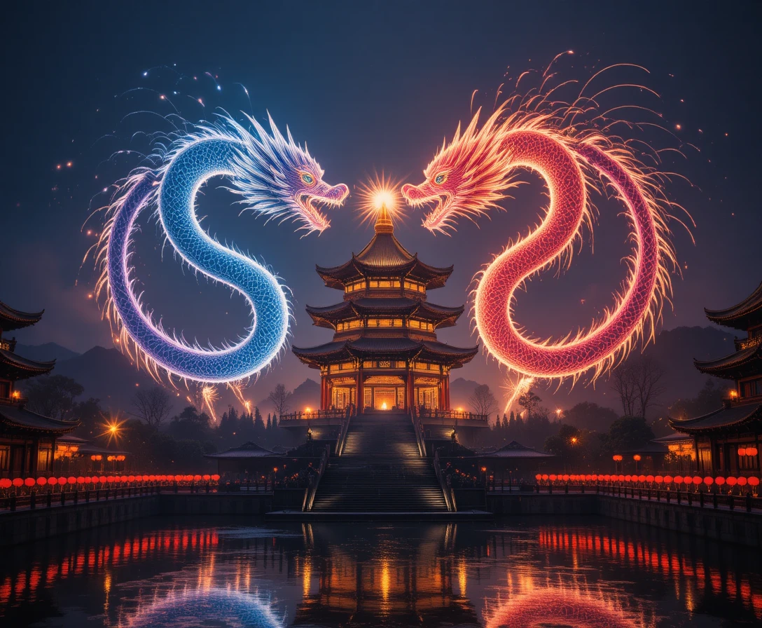 Firework dragons swirling above lantern lit temple and lake