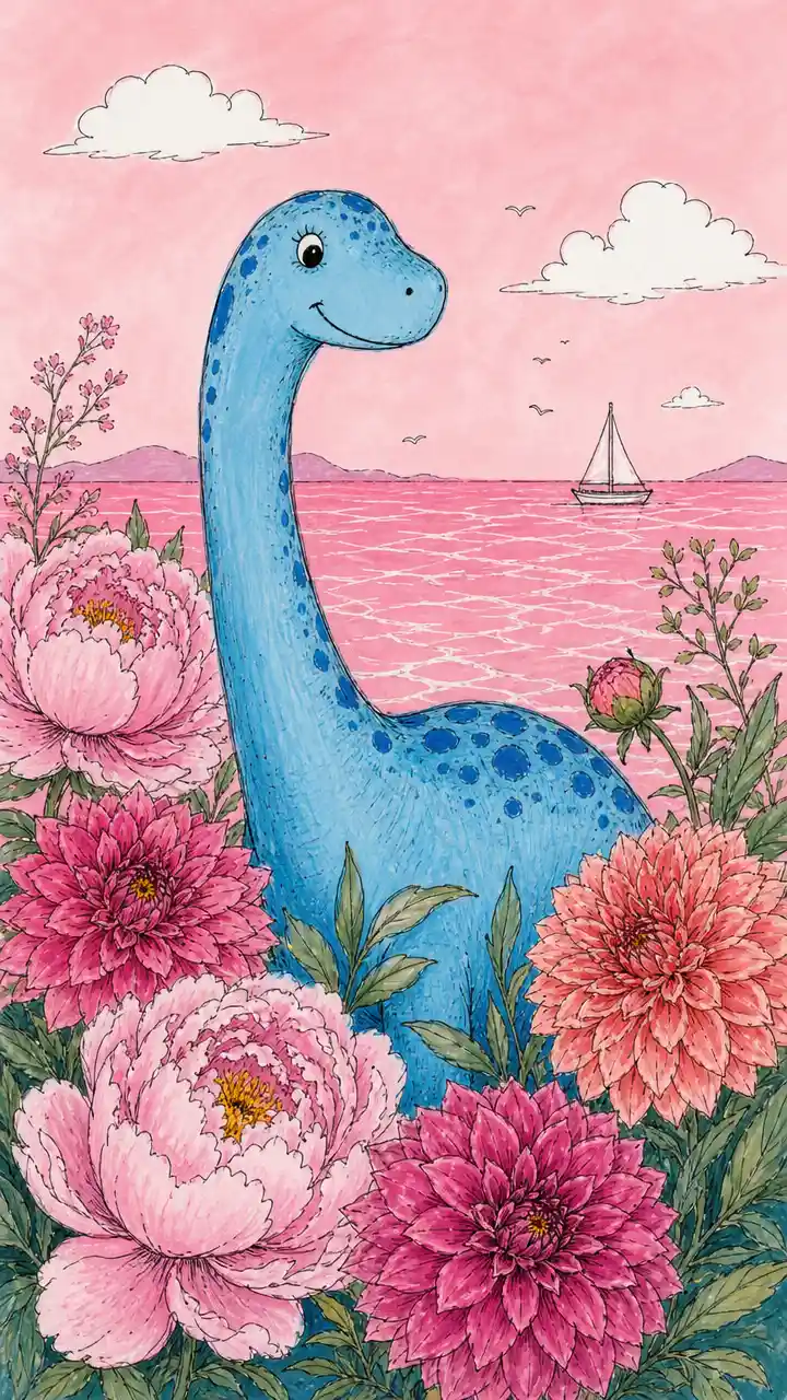 Blue dinosaur among flowers on a dreamy pink sea