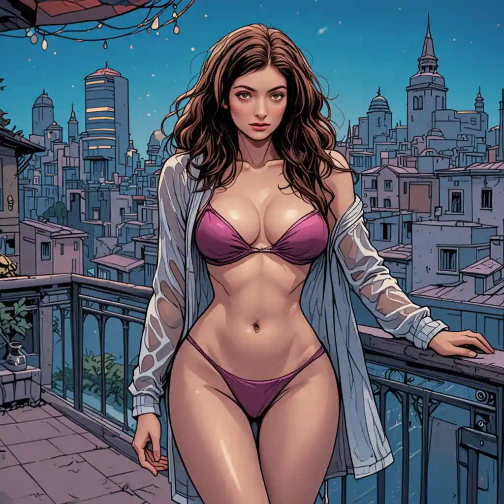 Kurviges Mädchen im Bikini auf Stadtdachterrasse – Comic-Illustration