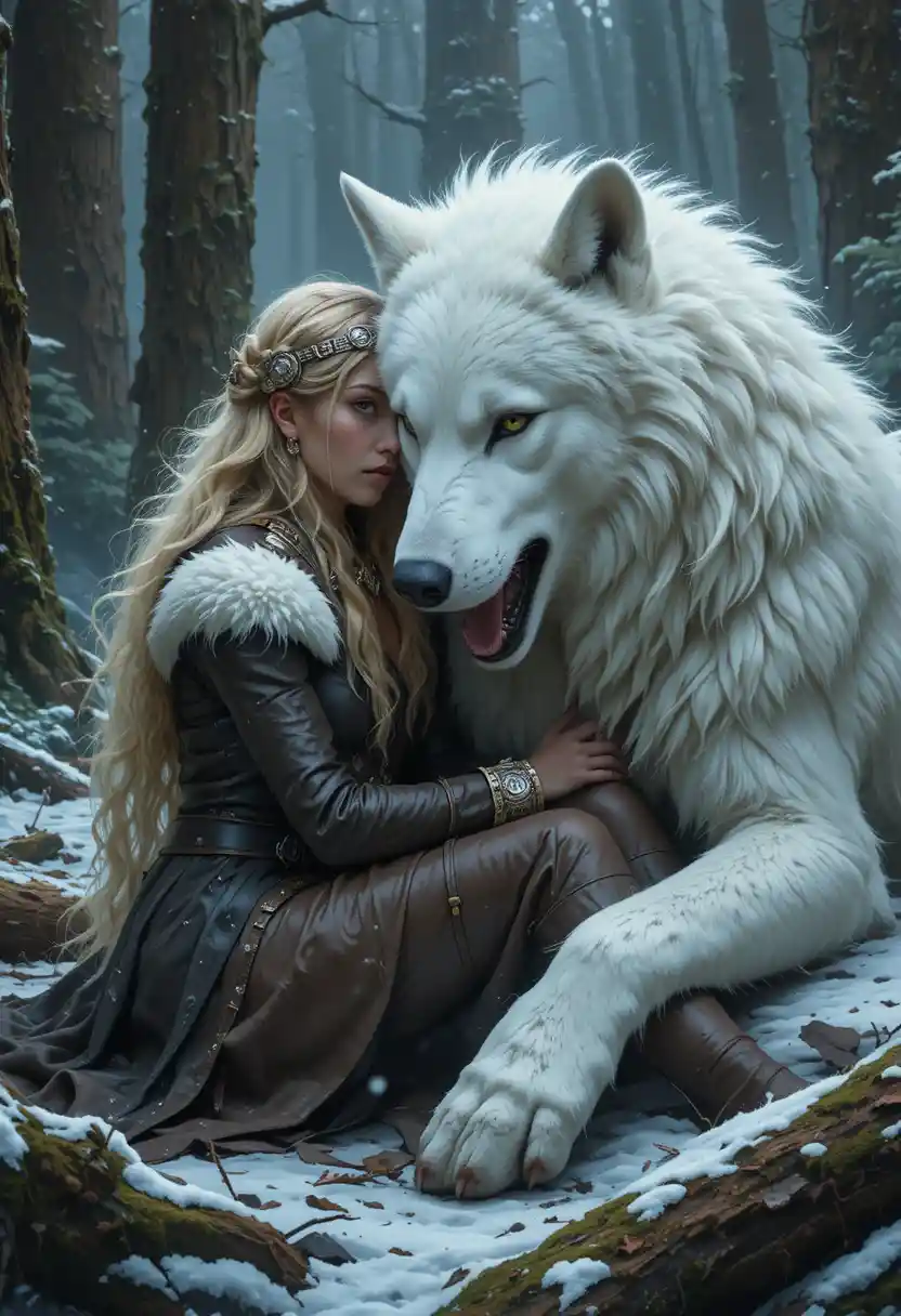 Northern princess resting with dire wolf in snowy forest