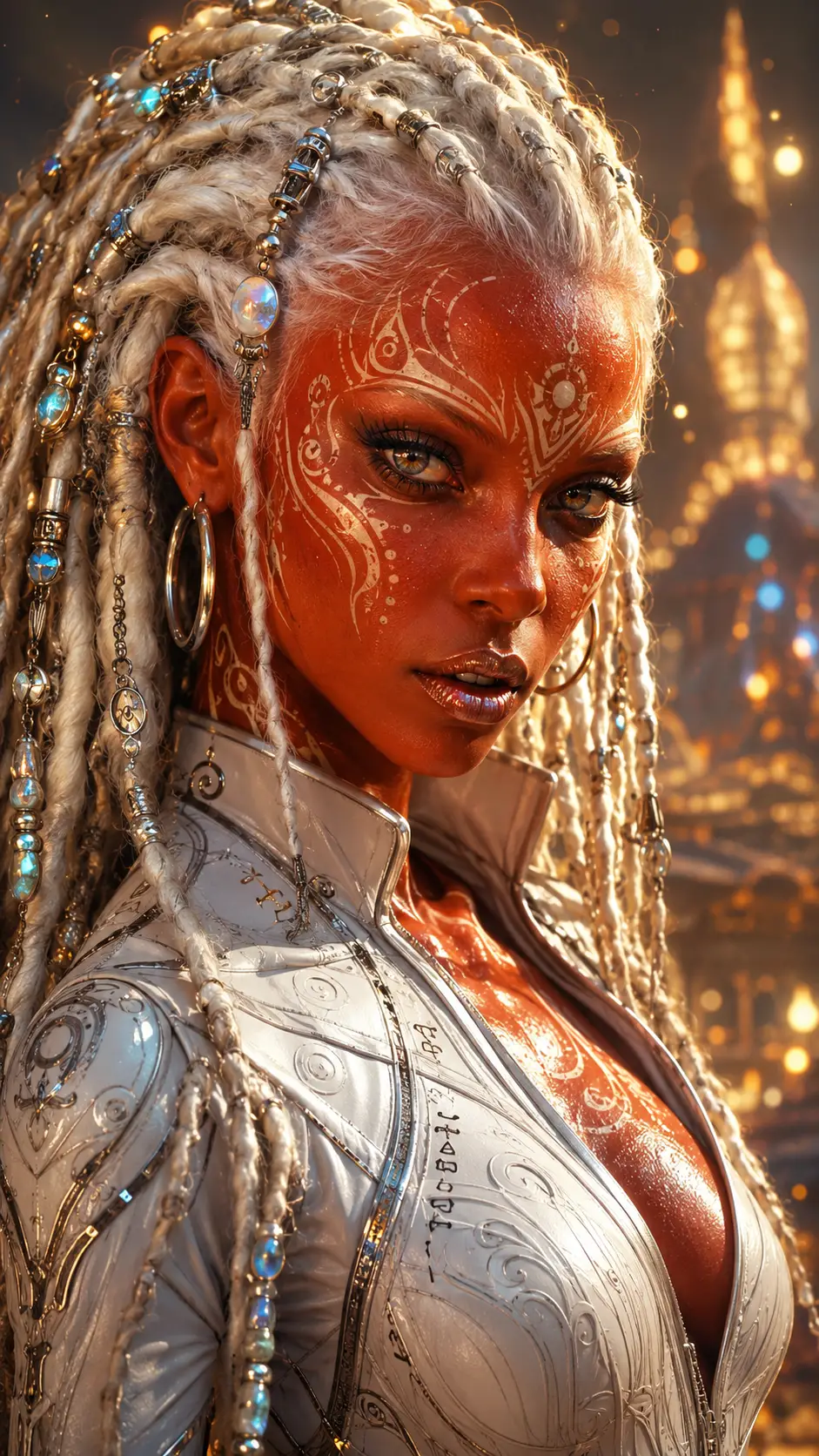 Regal alien woman with glowing runes in cinematic portrait