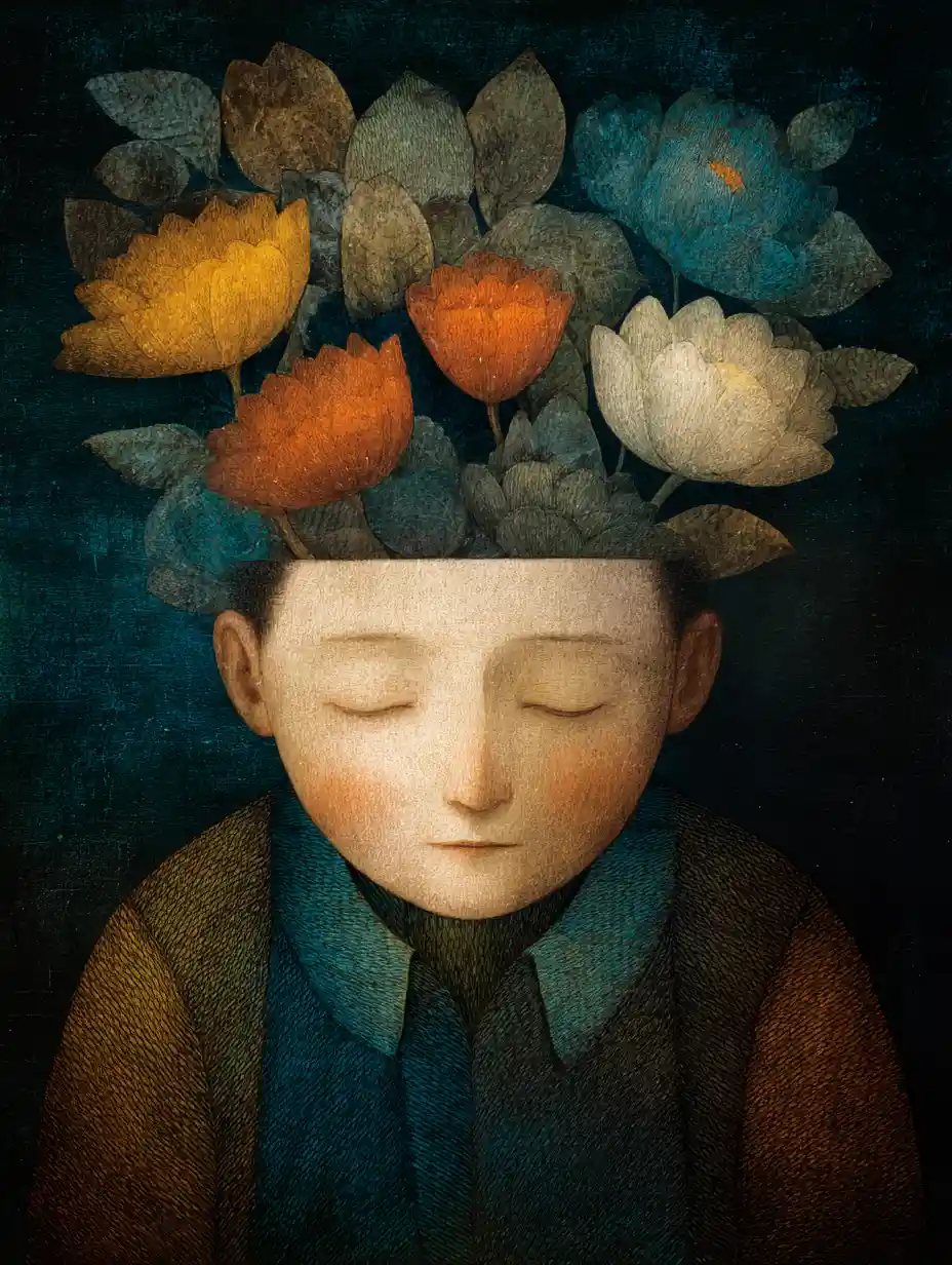 Melancholic surreal figure in rich indigo and turquoise tones