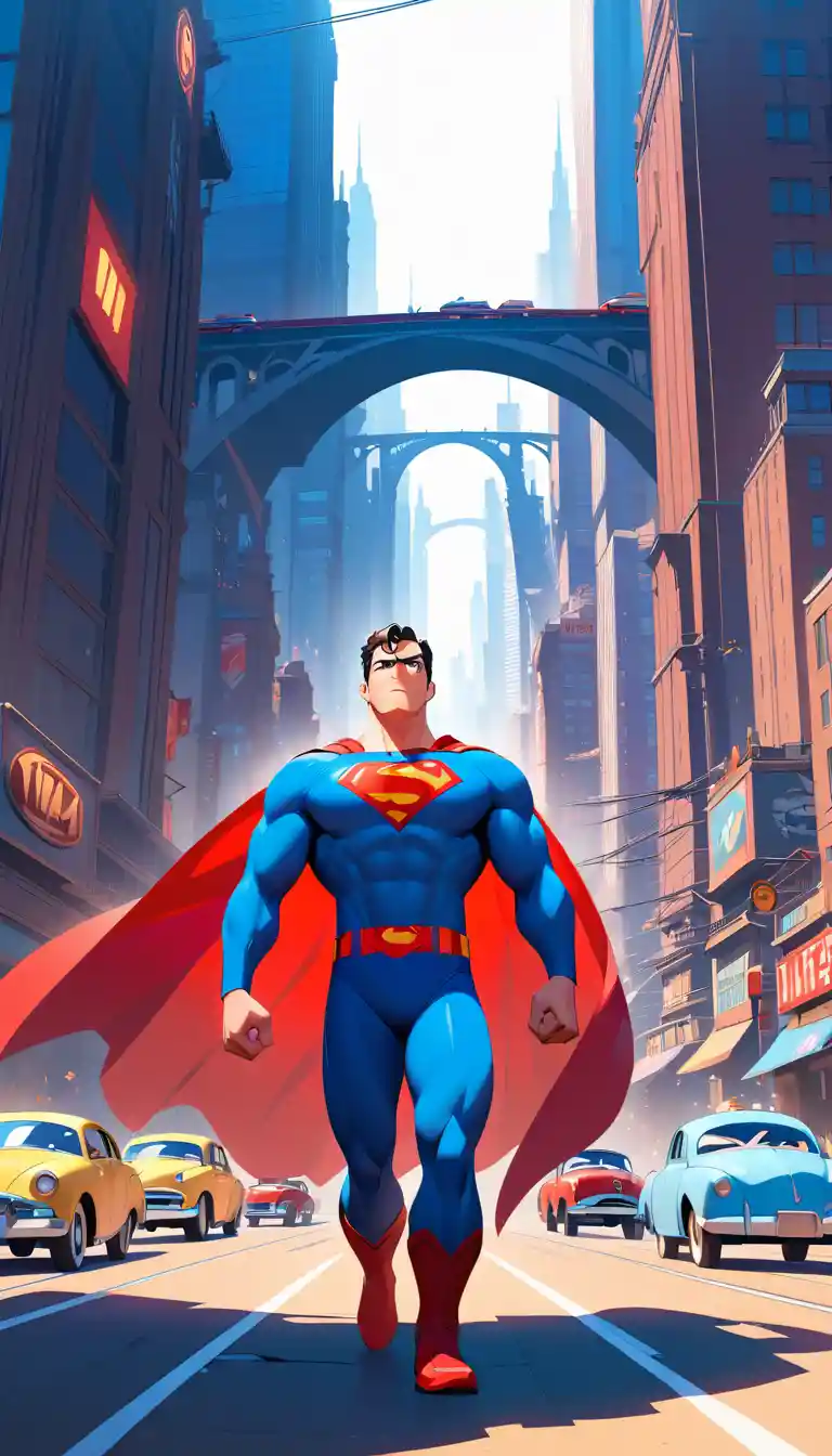 Superhero turns toward collapsing bridge in bright city scene