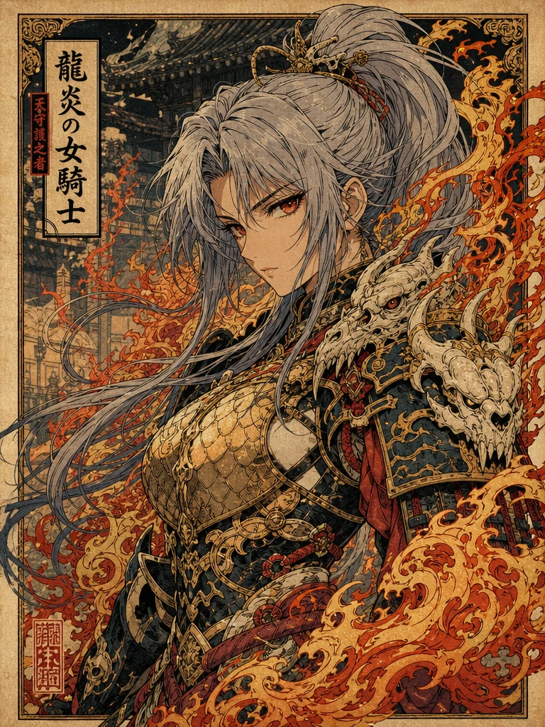Silver haired dragon knight in blazing ukiyo e armor