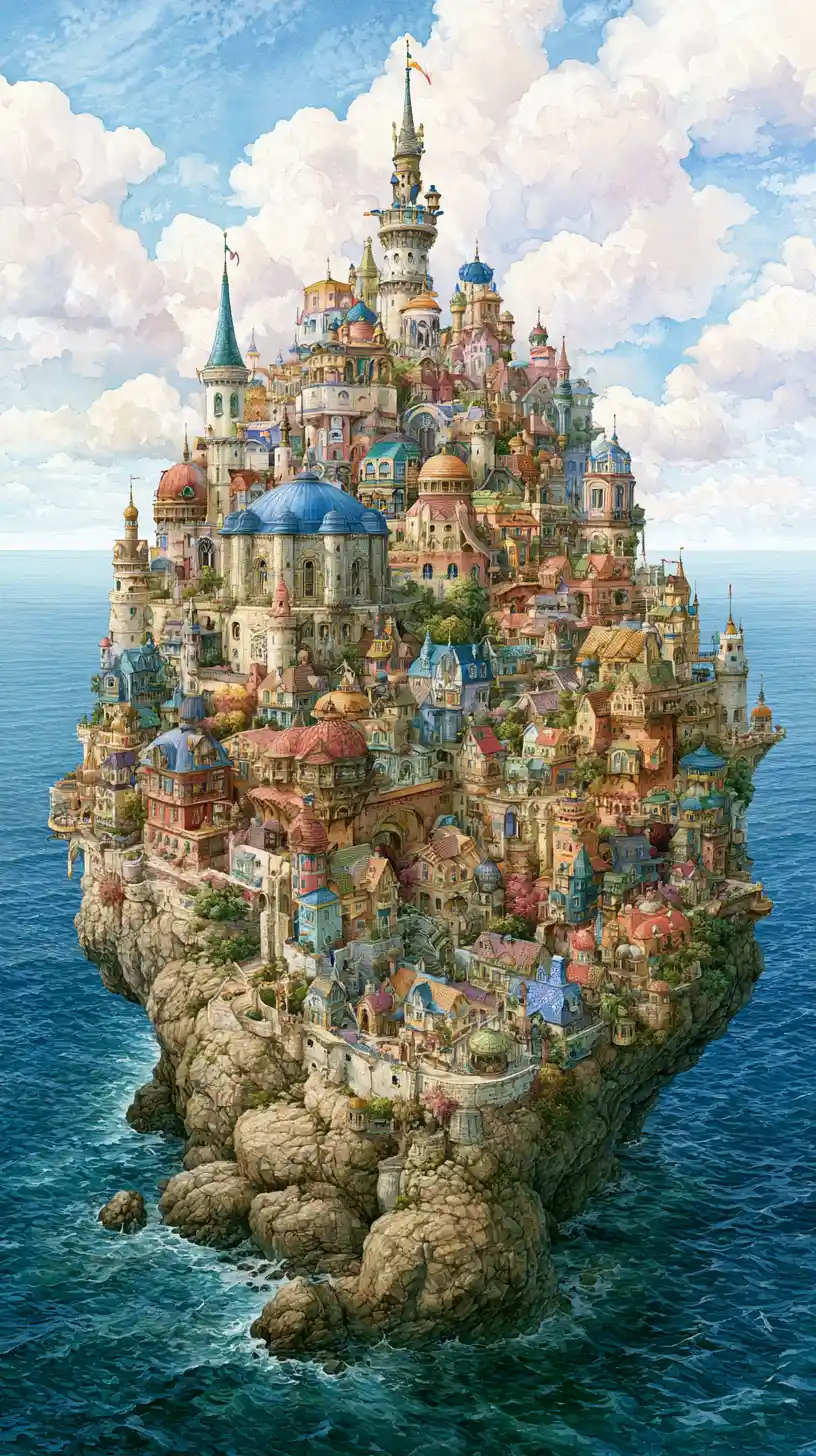 Fantasy watercolor kingdom of castles on ocean rock