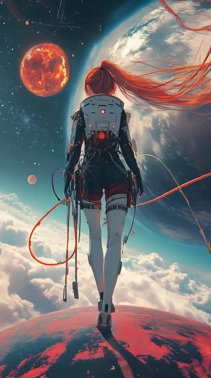 Anime girl in a futuristic white spacesuit drifting in space