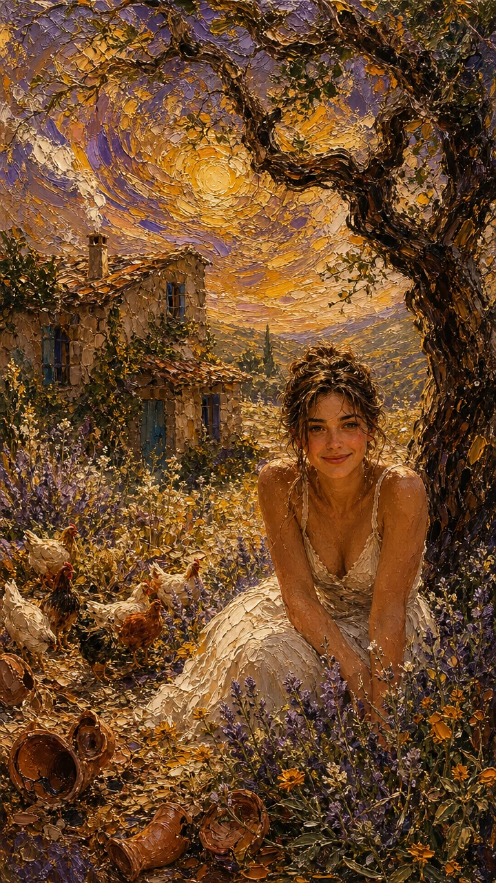 Chica bajo higuera en paisaje rural rústico