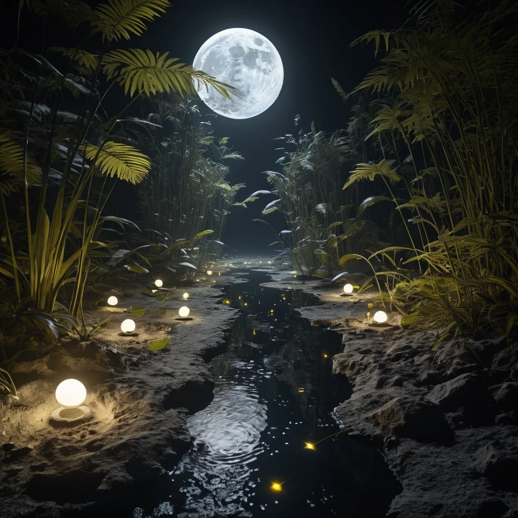 Glowing fireflies drifting above the illuminated moon surface