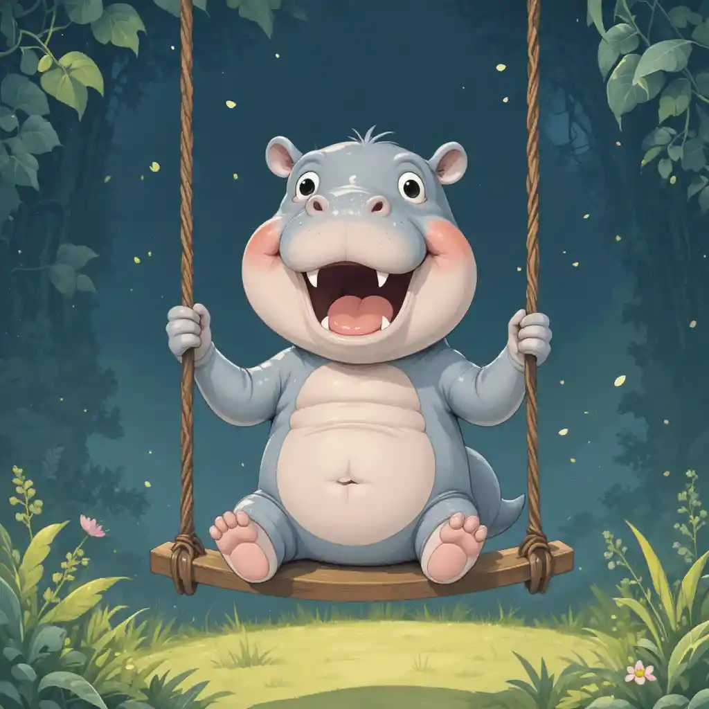 Cute baby hippopotamus sitting happily on a swing