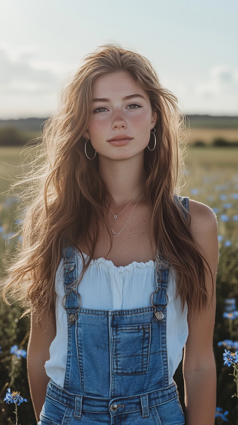 Junge Frau in Jeans-Latzhose auf einem sonnenbeschienenen Wildblumenfeld