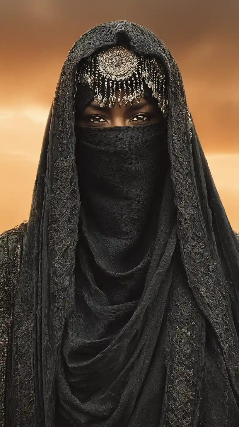 Bedouin horsewoman in flowing abaya against dramatic desert sky