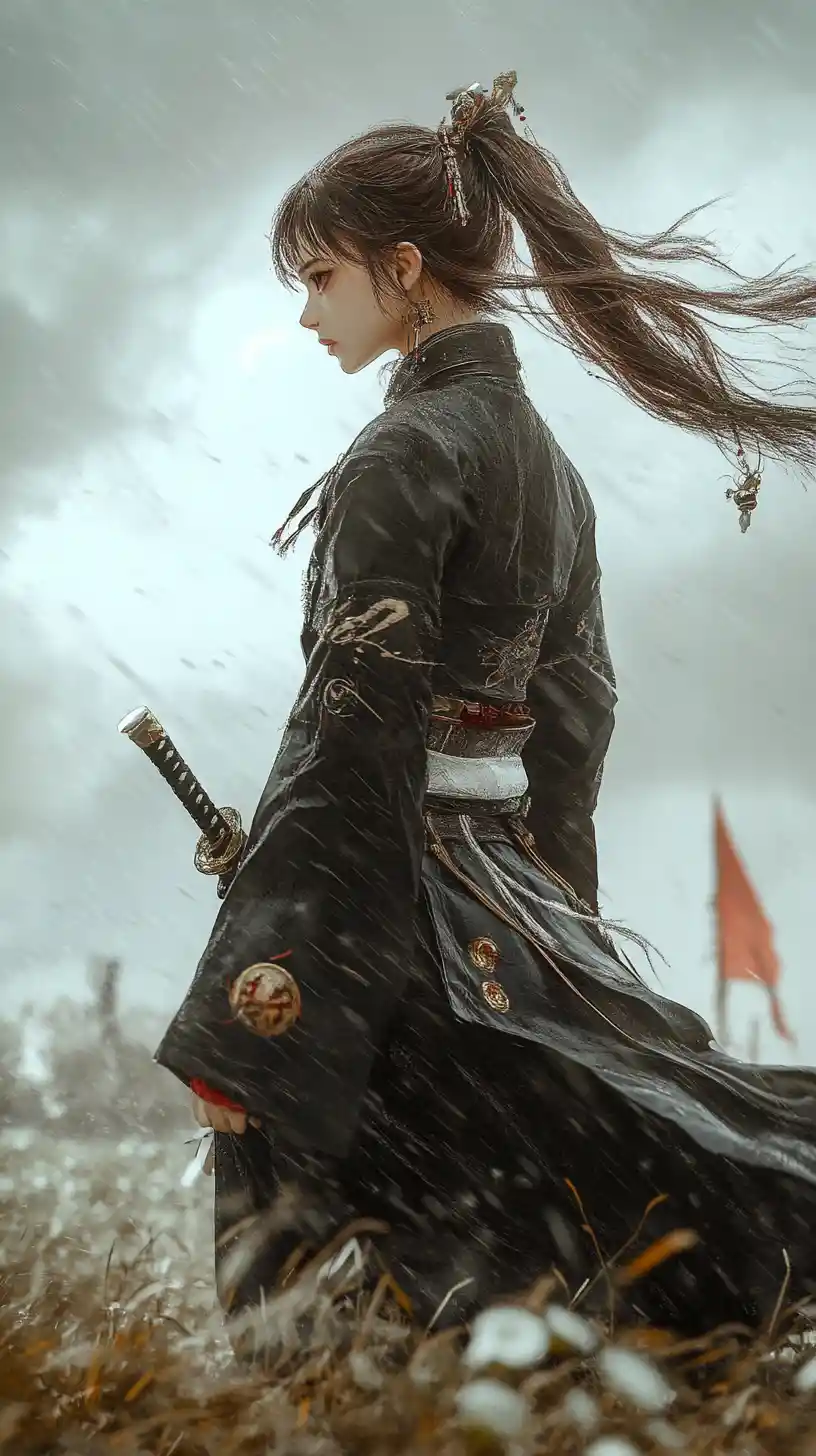 Anime girl on rainy rooftop beside tall grass and flowers