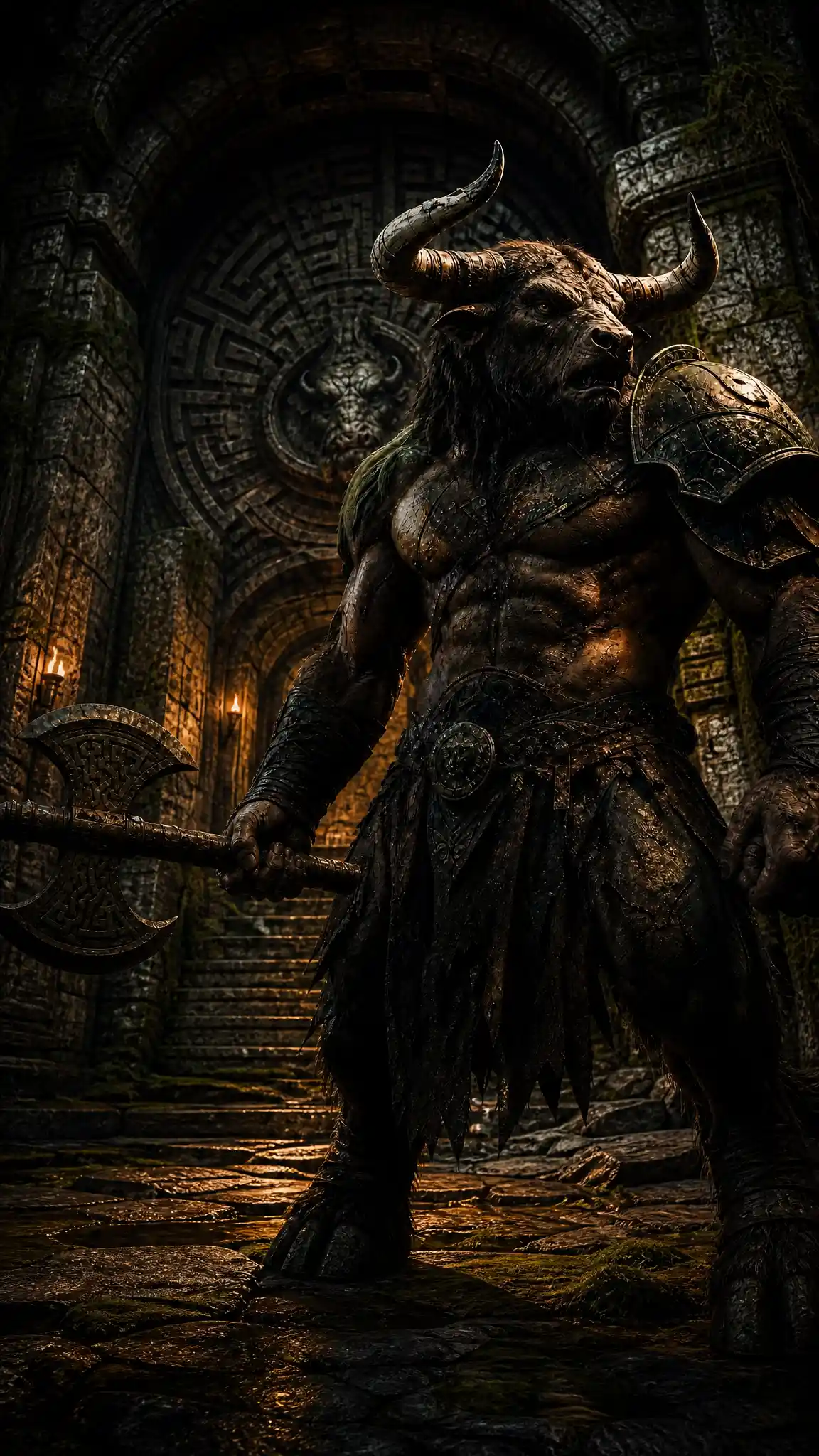 Minotaur warrior in a mossy ancient labyrinth chamber