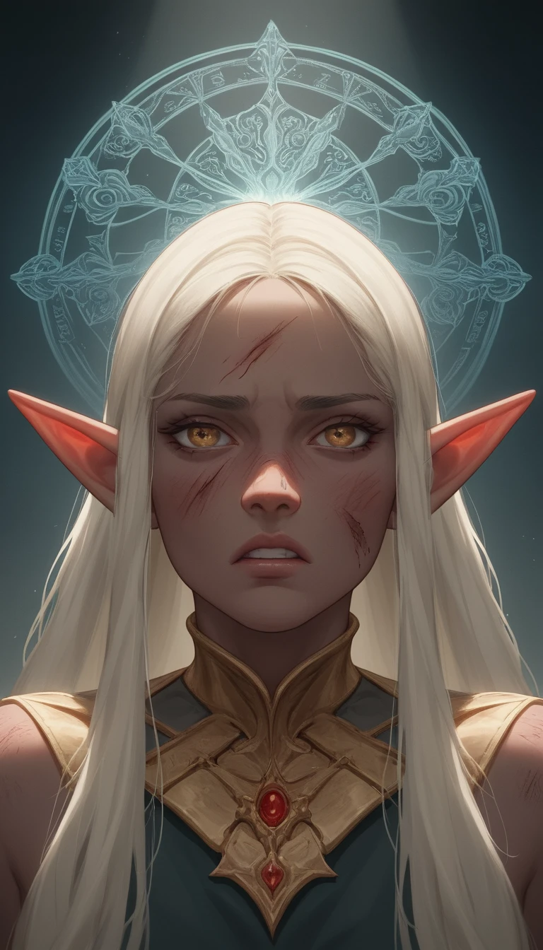 Wounded dark elf princess in a ruined palace interior