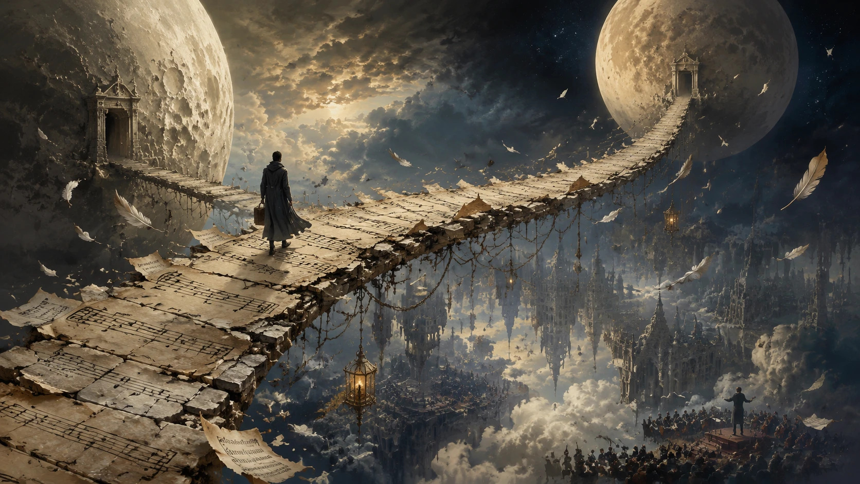 Lone traveler crossing surreal bridge between two moons