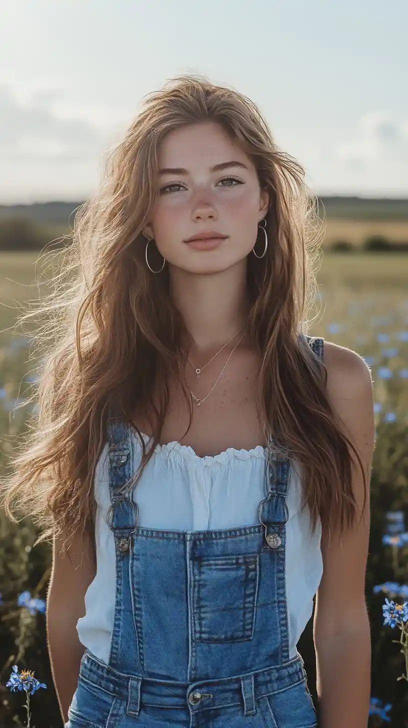 Young woman in denim overalls in a sunlit wildflower field
