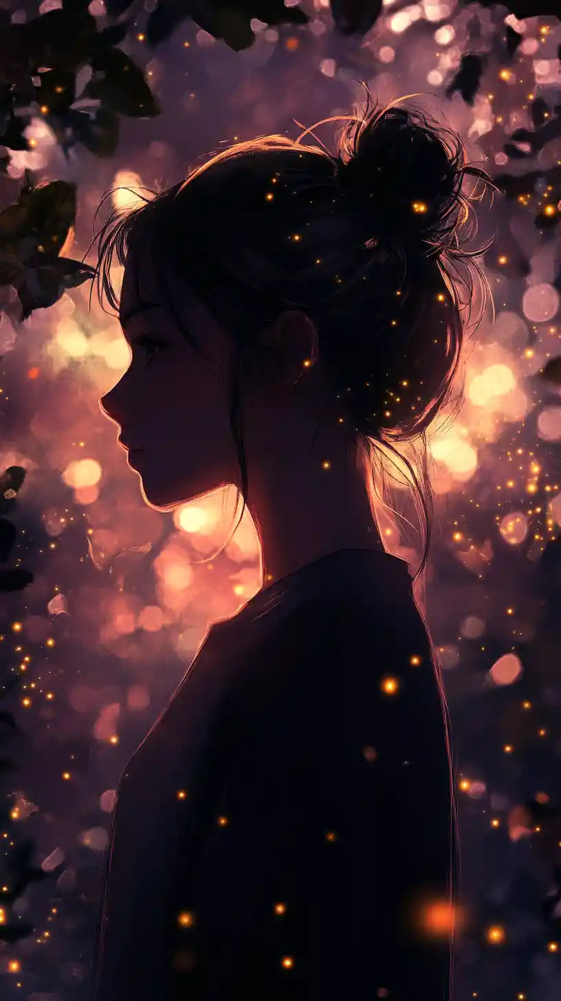 Anime girl in profile amid glowing fireflies at twilight