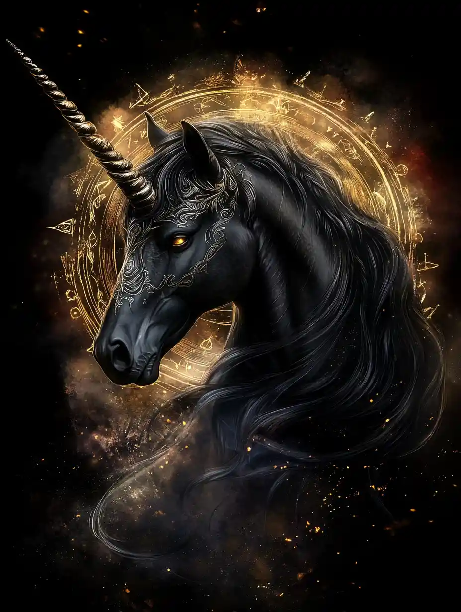 Dark fantasy portrait of a regal black unicorn