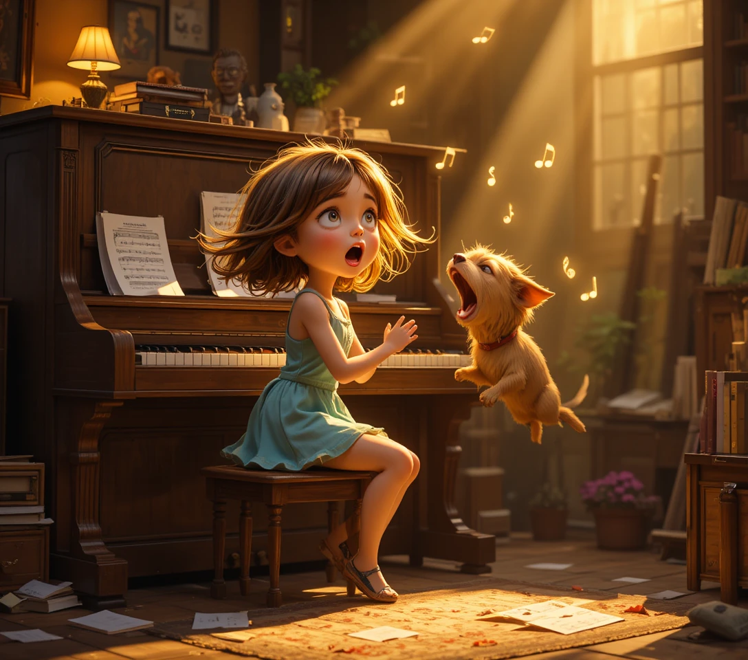Joyful girl and dog singing together at old piano