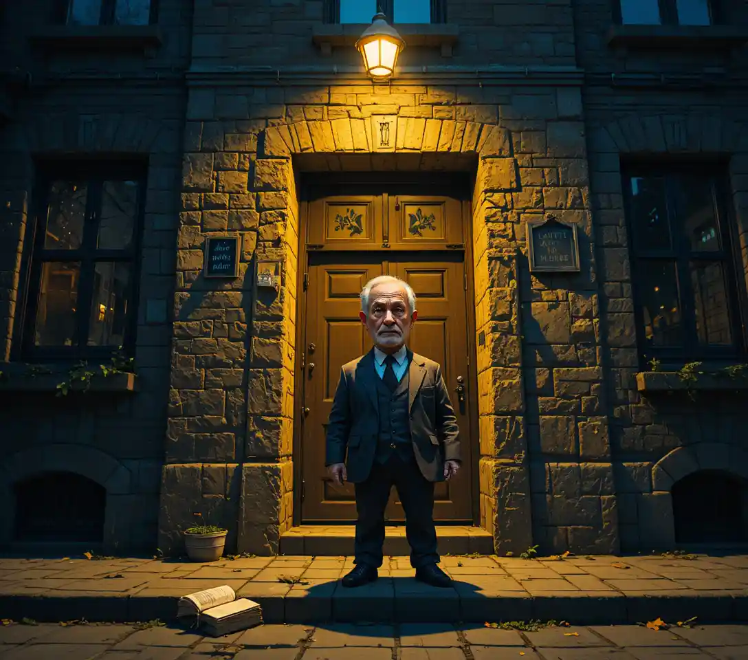 Tired salesman under a flickering streetlight at old apartment entrance