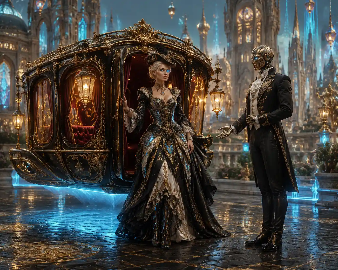 Cybernetic butler beside a hovering renaissance royal carriage