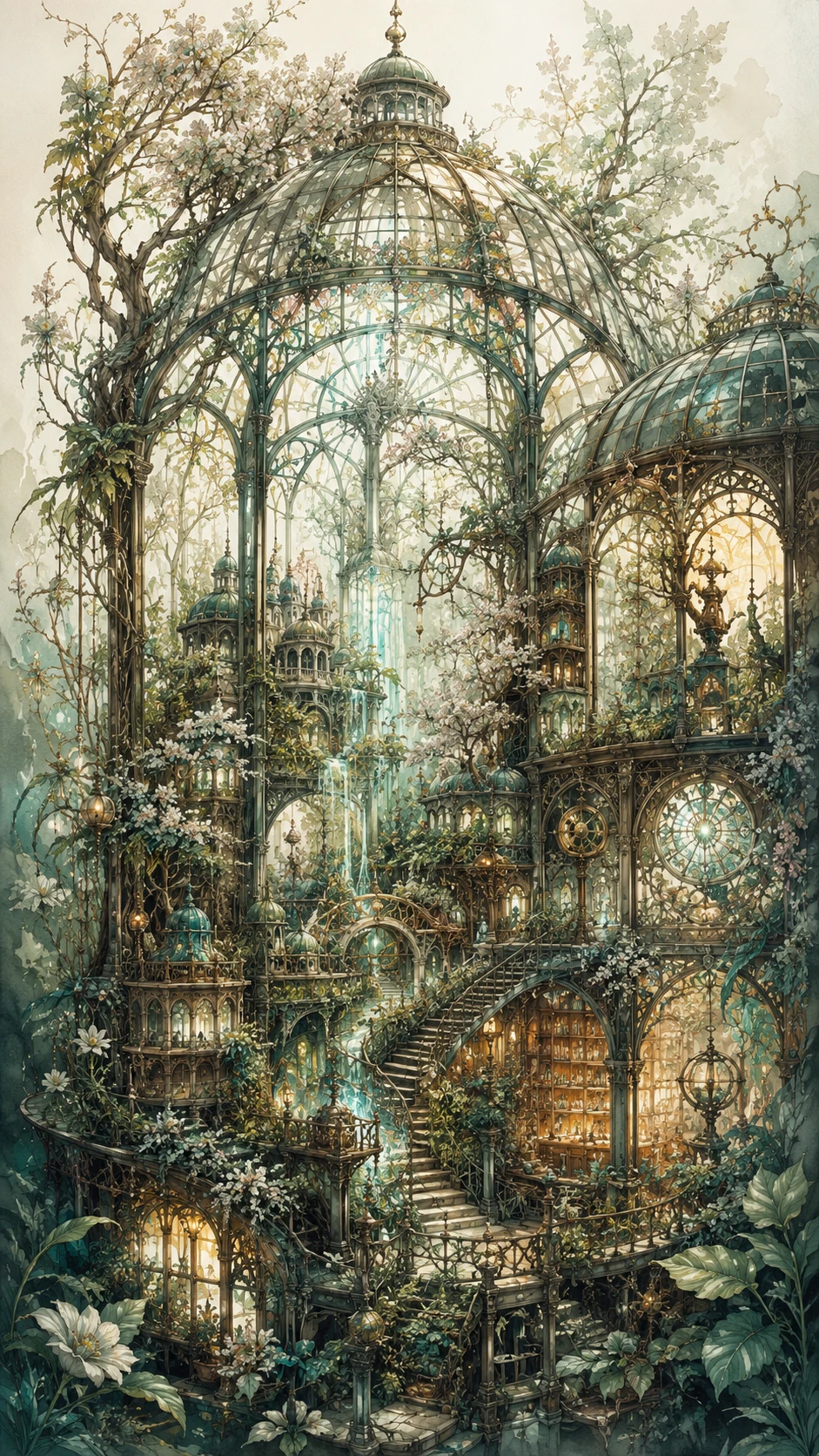 Enchanted Victorian Glass Conservatory Overgrown With Lush Fantasy Flora