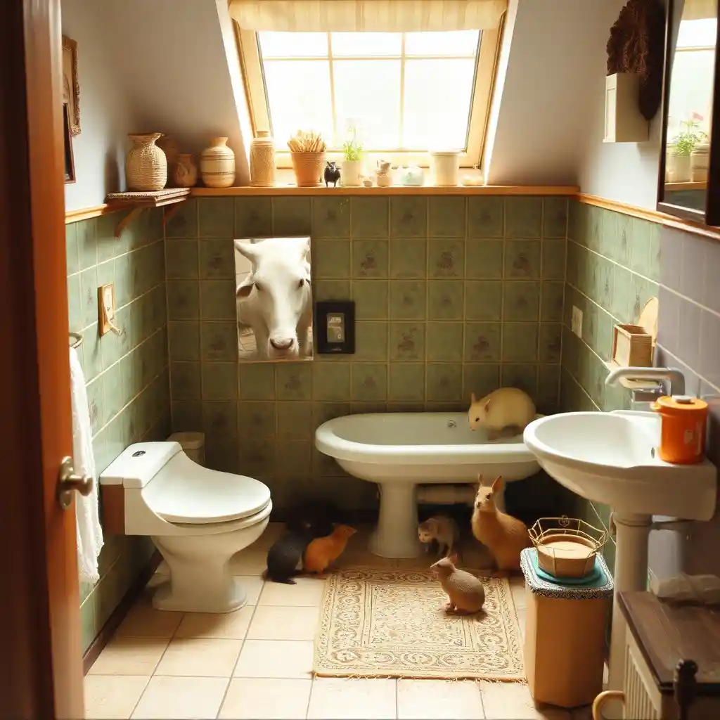 Young animals gathered in a busy family home bathroom