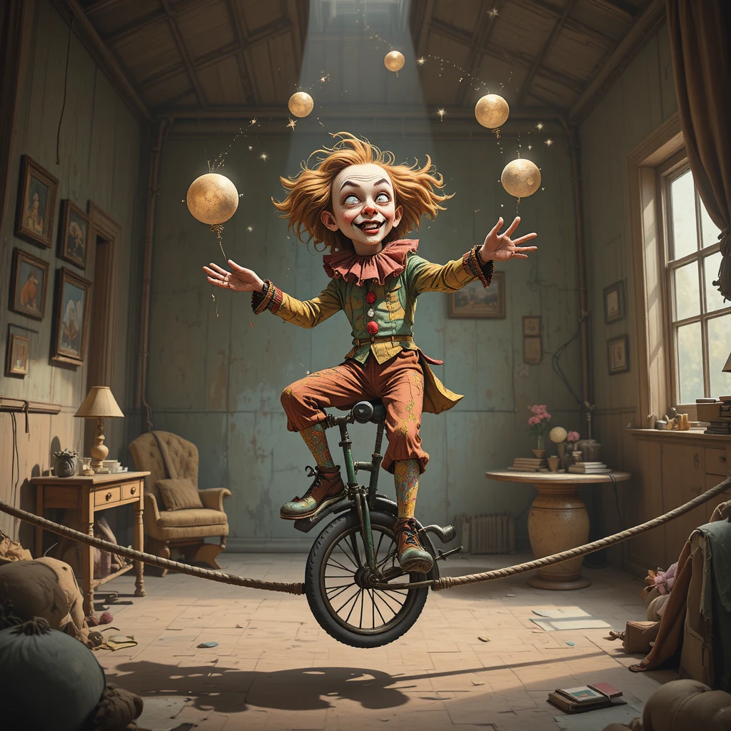 Whimsical clown on a unicycle juggling glowing orbs