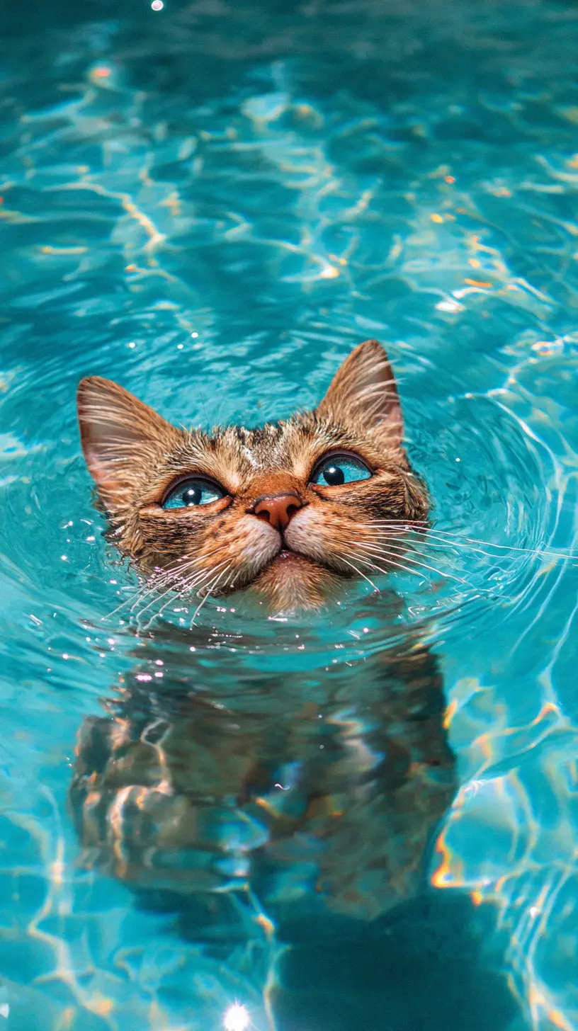Striped cat swimming in a bright blue pool