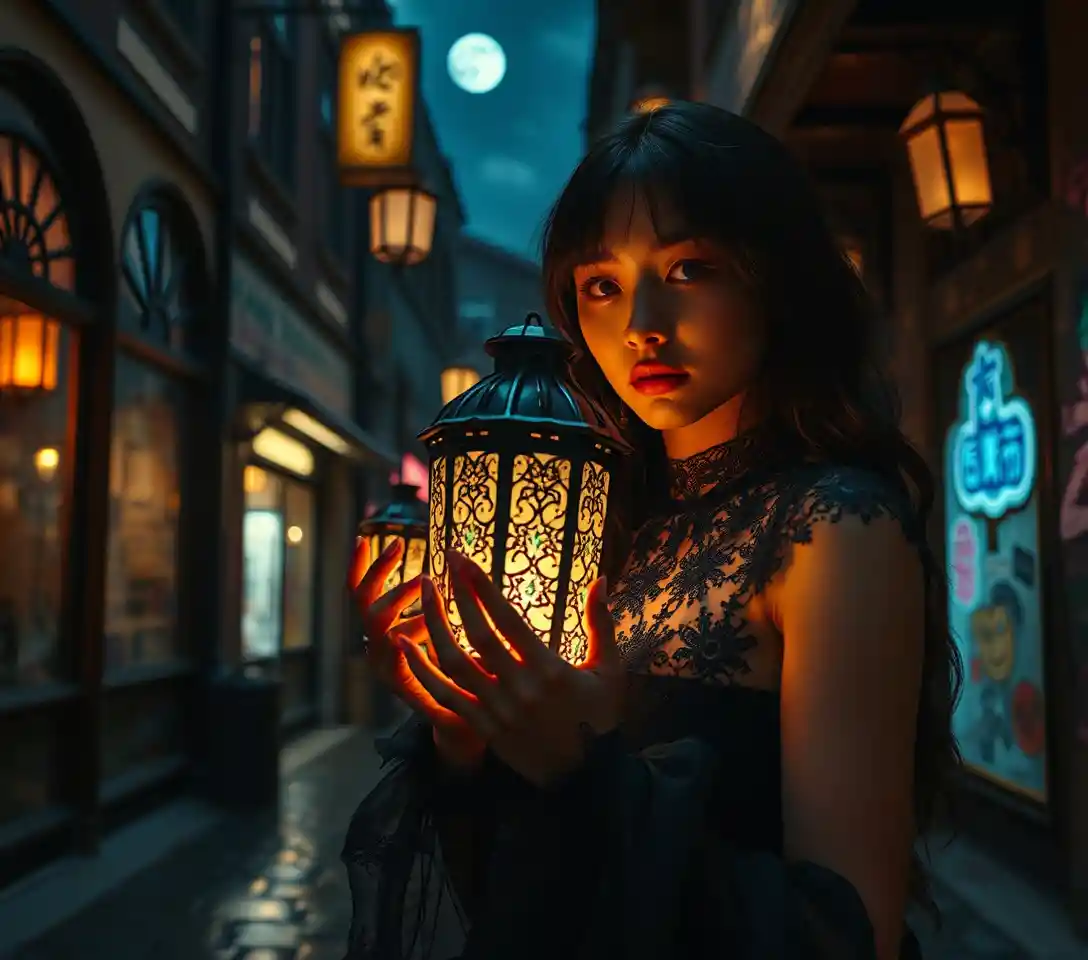 Gothic woman holding a glowing lantern in midnight market