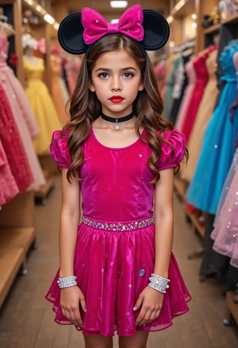 Nervous boy dressed as a girl in pink Minnie outfit