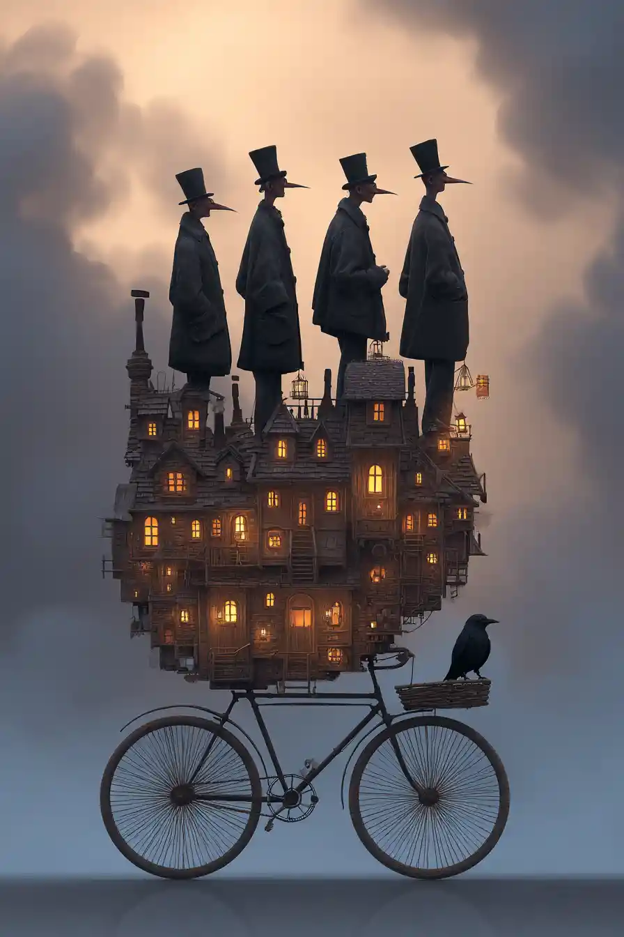 Surreal tiny village riding on a bicycle at dusk