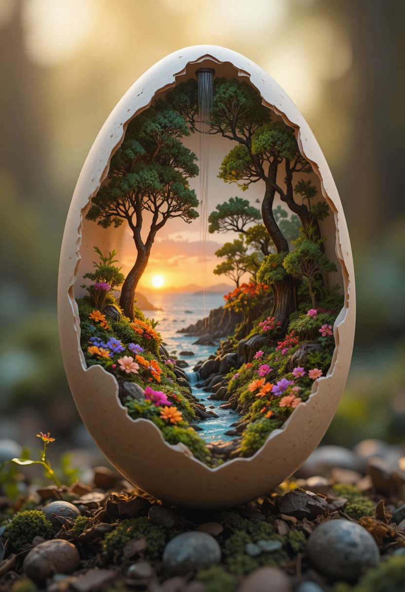 Broken eggshell revealing a tiny fantasy landscape