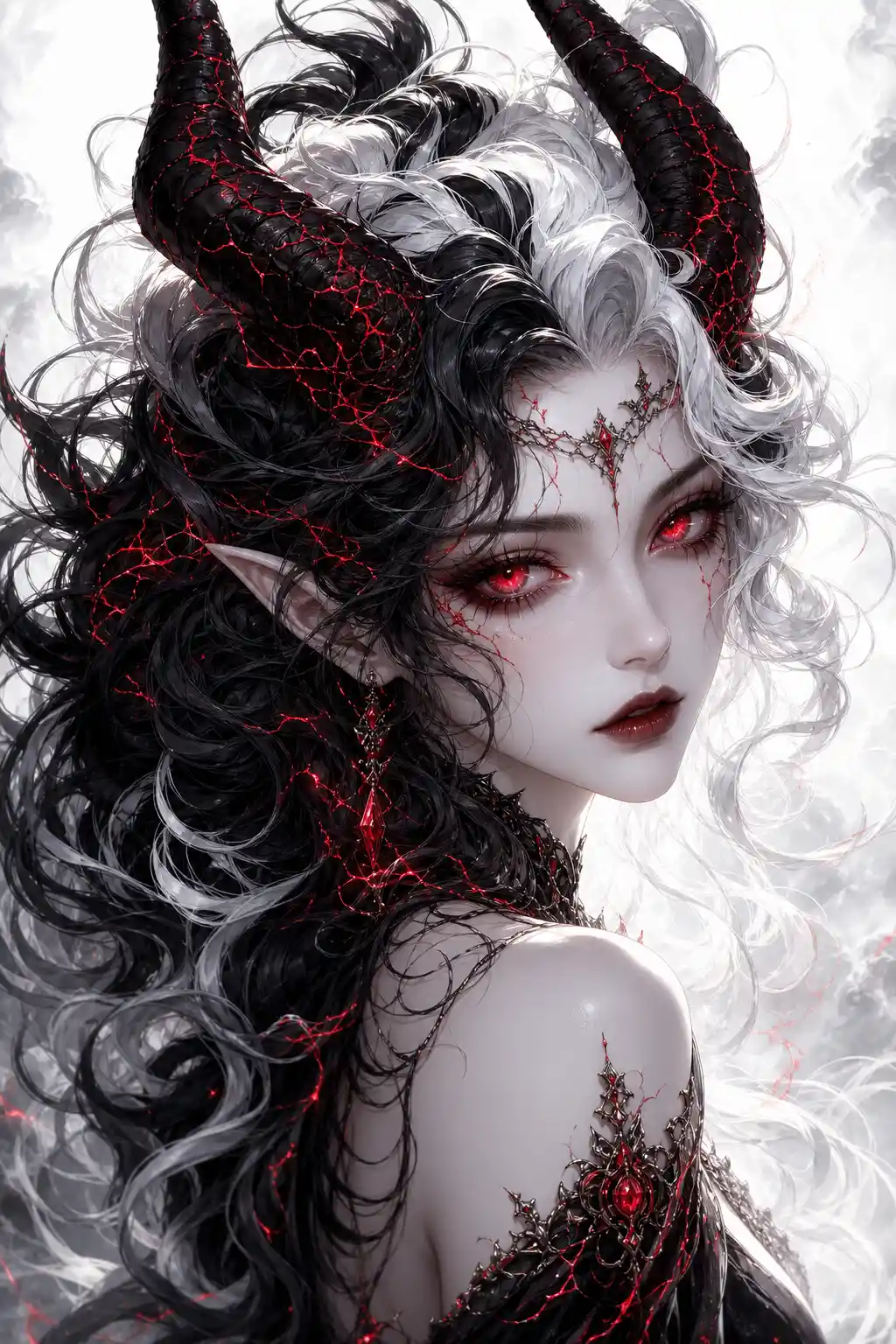 Demonic horned woman portrait with glowing red eyes