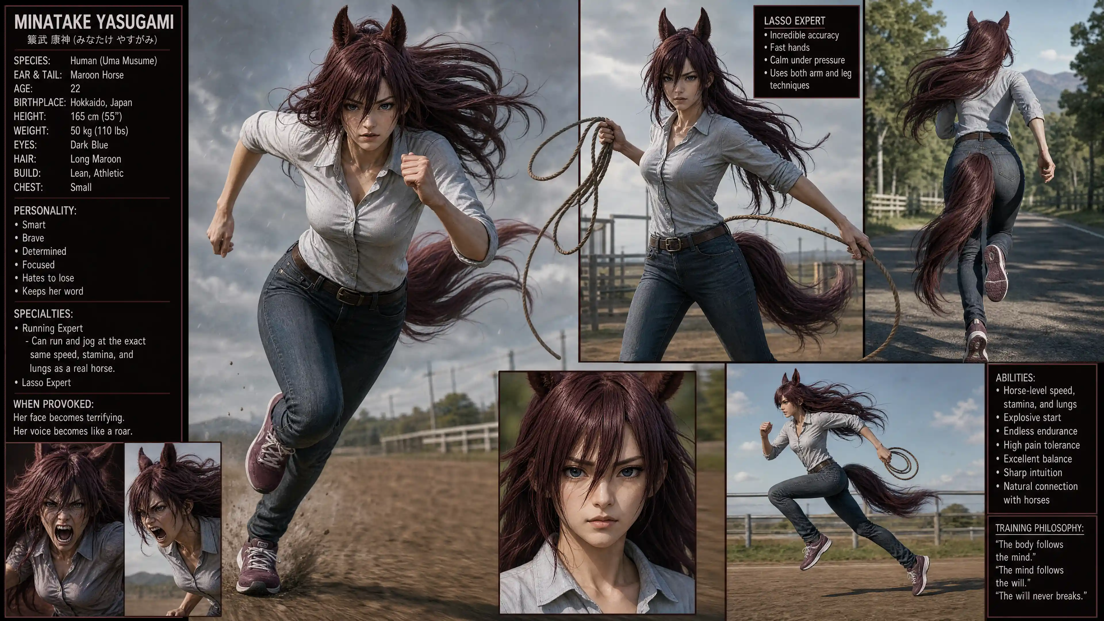 Anime horse girl runner with maroon hair and blue eyes