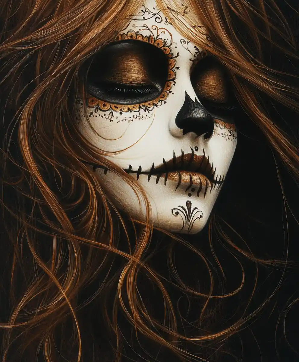 Woman with sugar skull makeup against dark black background