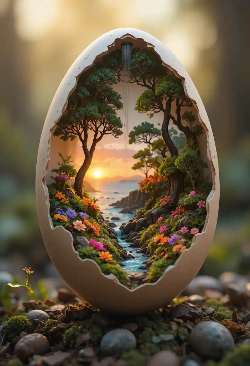 Broken eggshell revealing a tiny fantasy landscape